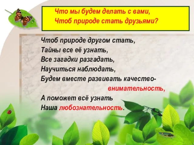 Что мы будем делать с вами, Чтоб природе стать друзьями? Чтоб природе