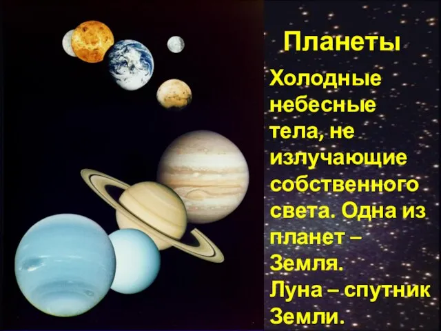 Планеты Холодные небесные тела, не излучающие собственного света. Одна из планет –