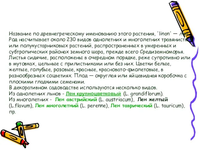 Название по древнегреческому именованию этого растения, 'linon' — лен. Род насчитывает около