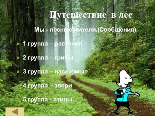 Путешествие в лес Мы - лесные жители.(Сообщения) 1 группа – растения 2