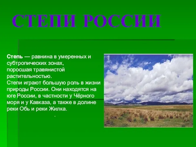 Степь — равнина в умеренных и субтропических зонах, поросшая травянистой растительностью. Степи