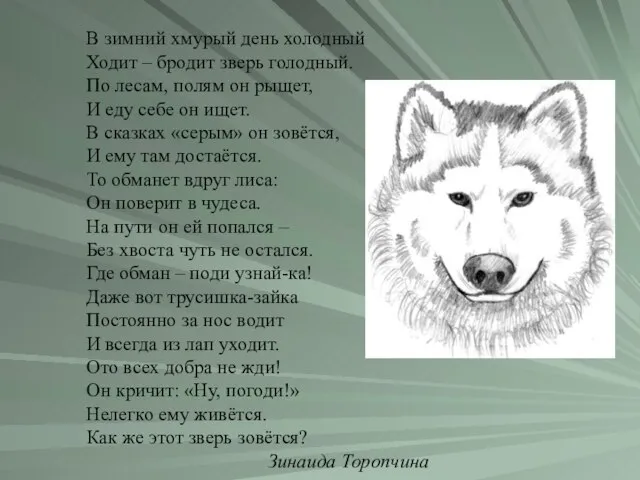 В зимний хмурый день холодный Ходит – бродит зверь голодный. По лесам,