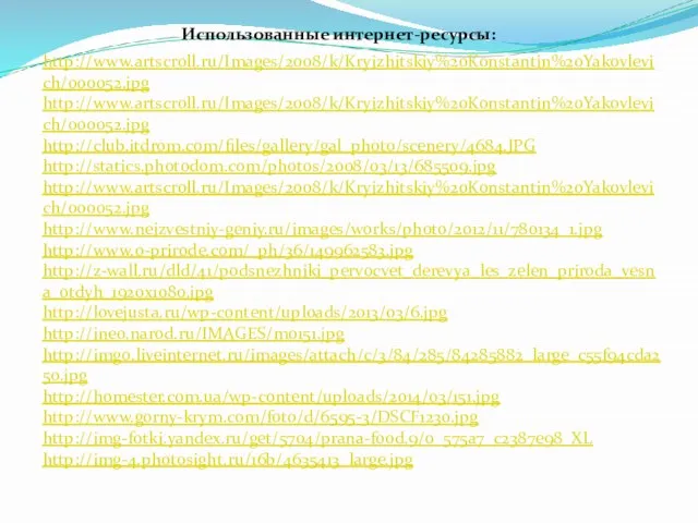 Использованные интернет-ресурсы: http://www.artscroll.ru/Images/2008/k/Kryizhitskiy%20Konstantin%20Yakovlevich/000052.jpg http://www.artscroll.ru/Images/2008/k/Kryizhitskiy%20Konstantin%20Yakovlevich/000052.jpg http://club.itdrom.com/files/gallery/gal_photo/scenery/4684.JPG http://statics.photodom.com/photos/2008/03/13/685509.jpg http://www.artscroll.ru/Images/2008/k/Kryizhitskiy%20Konstantin%20Yakovlevich/000052.jpg http://www.neizvestniy-geniy.ru/images/works/photo/2012/11/780134_1.jpg http://www.o-prirode.com/_ph/36/149962583.jpg http://z-wall.ru/dld/41/podsnezhniki_pervocvet_derevya_les_zelen_priroda_vesna_otdyh_1920x1080.jpg http://lovejusta.ru/wp-content/uploads/2013/03/6.jpg http://ineo.narod.ru/IMAGES/m0151.jpg