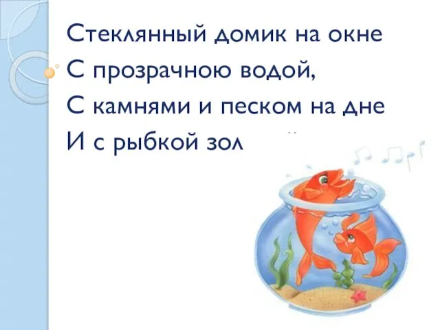 Стеклянный домик на окне С прозрачною водой, С камнями и песком на