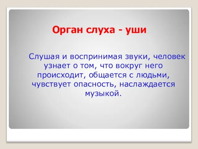 Орган слуха - уши Слушая и воспринимая звуки, человек узнает о том,