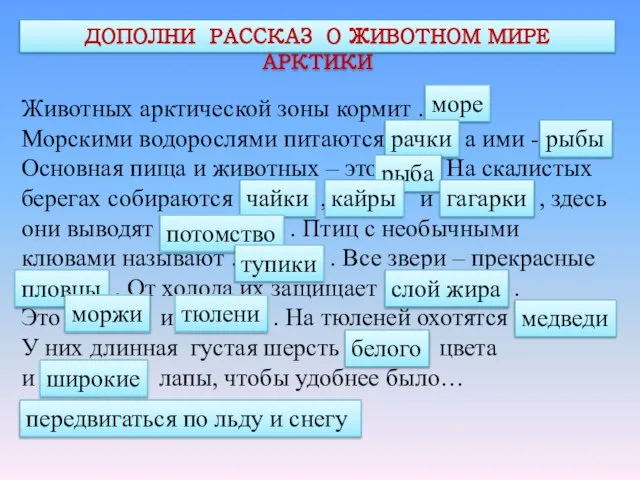 ДОПОЛНИ РАССКАЗ О ЖИВОТНОМ МИРЕ АРКТИКИ Животных арктической зоны кормит …. Морскими