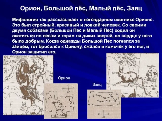 Орион, Большой пёс, Малый пёс, Заяц Мифология так рассказывает о легендарном охотнике