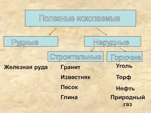 Полезные ископаемые Рудные Нерудные Строительные Горючие Железная руда Гранит Уголь Известняк Песок