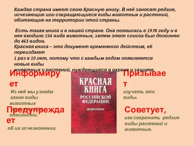 Информирует Из неё мы узнаём какие виды животных и растений в опасности.