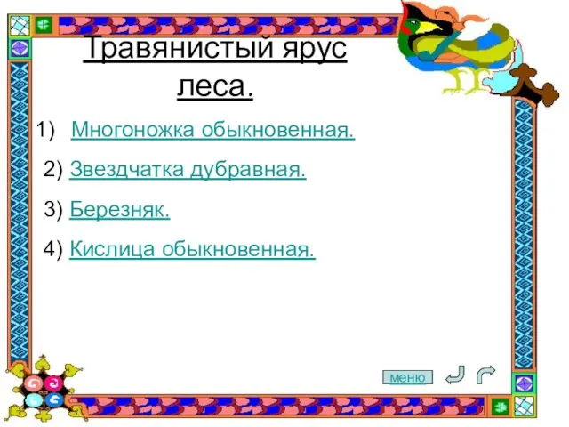 Травянистый ярус леса. Многоножка обыкновенная. 2) Звездчатка дубравная. 3) Березняк. 4) Кислица обыкновенная. меню