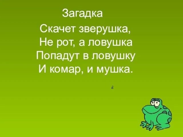 Загадка Скачет зверушка, Не рот, а ловушка Попадут в ловушку И комар, и мушка.