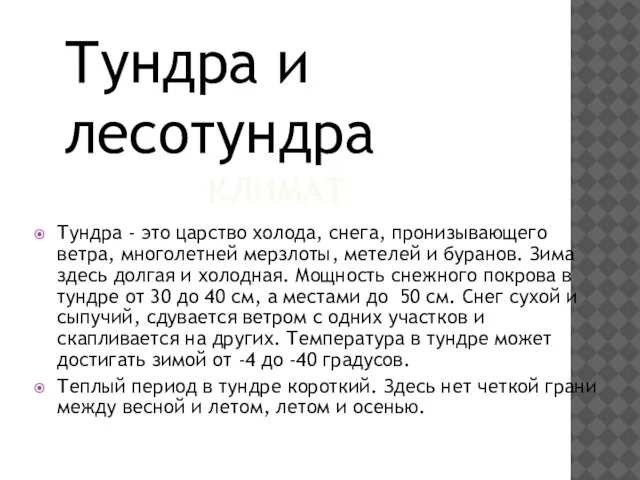 КЛИМАТ Тундра - это царство холода, снега, пронизывающего ветра, многолетней мерзлоты, метелей