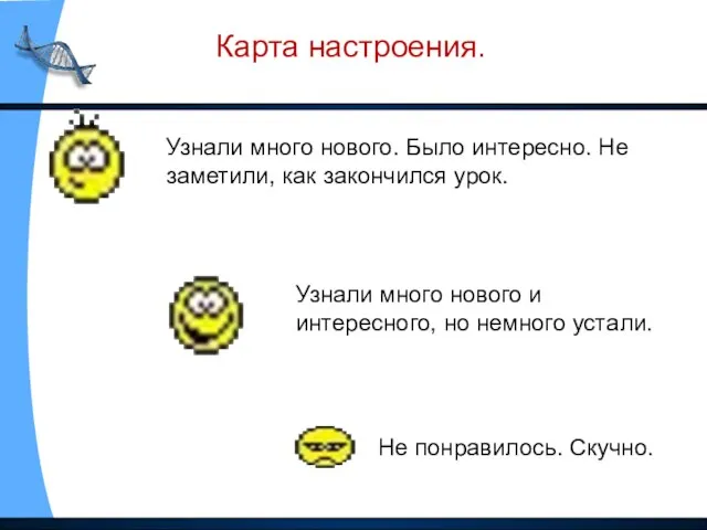 Карта настроения. Узнали много нового. Было интересно. Не заметили, как закончился урок.