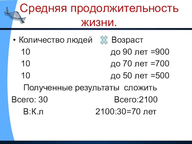 Средняя продолжительность жизни. Количество людей Возраст 10 до 90 лет =900 10