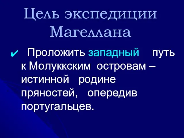 Цель экспедиции Магеллана Проложить западный путь к Молуккским островам – истинной родине пряностей, опередив португальцев.