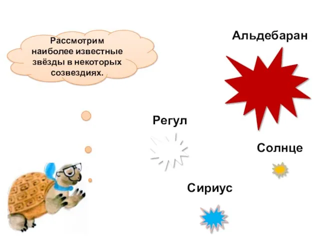 Рассмотрим наиболее известные звёзды в некоторых созвездиях. Альдебаран Регул Солнце Сириус