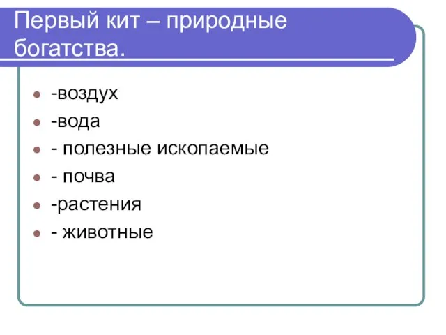 Первый кит – природные богатства. -воздух -вода - полезные ископаемые - почва -растения - животные