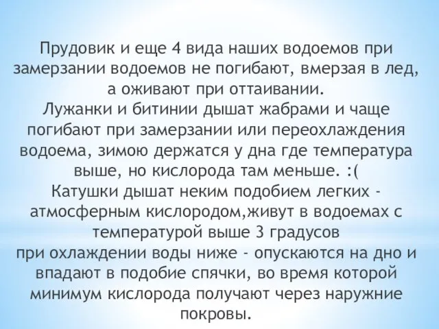 Прудовик и еще 4 вида наших водоемов при замерзании водоемов не погибают,