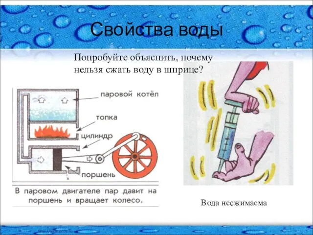 Свойства воды Вода несжимаема Попробуйте объяснить, почему нельзя сжать воду в шприце?