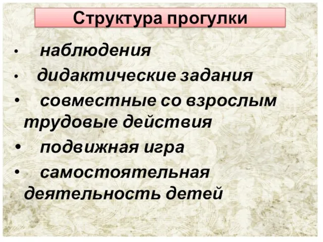 Структура прогулки наблюдения дидактические задания совместные со взрослым трудовые действия подвижная игра самостоятельная деятельность детей