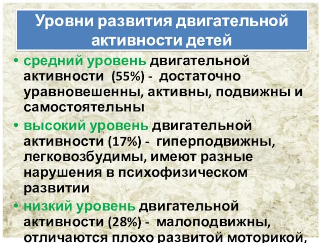 Уровни развития двигательной активности детей средний уровень двигательной активности (55%) - достаточно