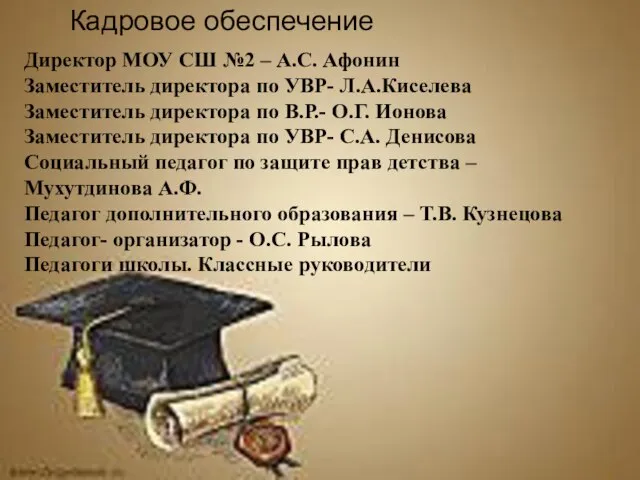 Кадровое обеспечение Директор МОУ СШ №2 – А.С. Афонин Заместитель директора по