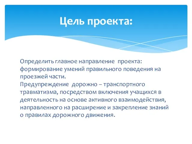 Определить главное направление проекта: формирование умений правильного поведения на проезжей части. Предупрeждение