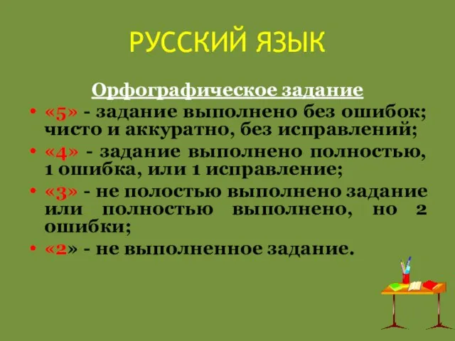 РУССКИЙ ЯЗЫК Орфографическое задание «5» - задание выполнено без ошибок; чисто и