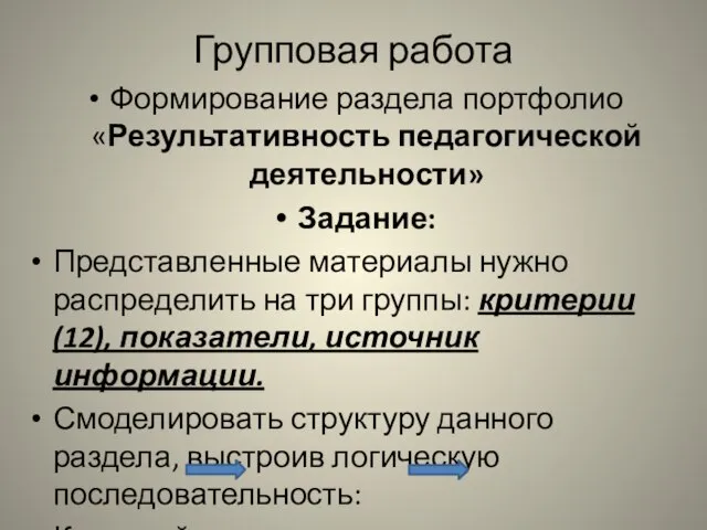 Групповая работа Формирование раздела портфолио «Результативность педагогической деятельности» Задание: Представленные материалы нужно