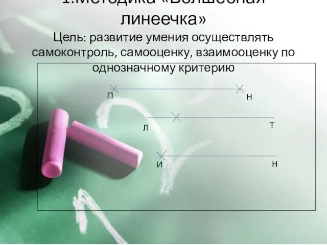 1.Методика «Волшебная линеечка» Цель: развитие умения осуществлять самоконтроль, самооценку, взаимооценку по однозначному