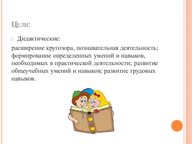 Цели: Дидактические: расширение кругозора, познавательная деятельность; формирование определенных умений и навыков, необходимых