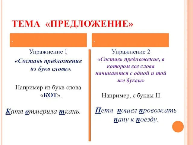 ТЕМА «ПРЕДЛОЖЕНИЕ» Упражнение 1 «Составь предложение из букв слова». Например из букв