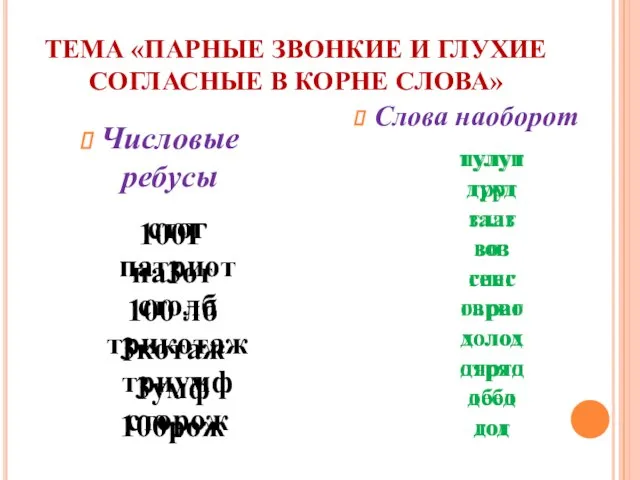 ТЕМА «ПАРНЫЕ ЗВОНКИЕ И ГЛУХИЕ СОГЛАСНЫЕ В КОРНЕ СЛОВА» Числовые ребусы Слова