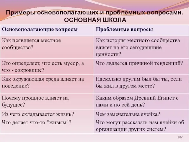 Примеры основополагающих и проблемных вопросами. ОСНОВНАЯ ШКОЛА