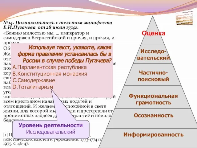 №14. Познакомьтесь с текстом манифеста Е.И.Пугачева от 28 июля 1774г. «Божию милостью