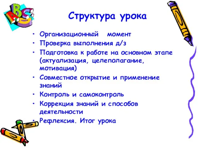 Организационный момент Проверка выполнения д/з Подготовка к работе на основном этапе (актуализация,