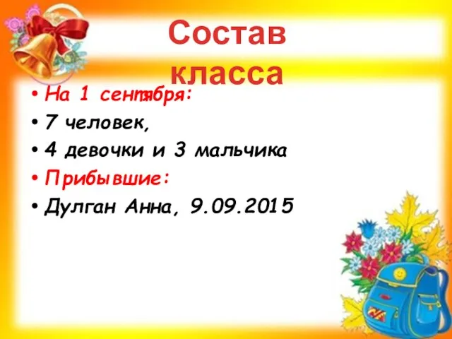 На 1 сентября: 7 человек, 4 девочки и 3 мальчика Прибывшие: Дулган Анна, 9.09.2015 Состав класса