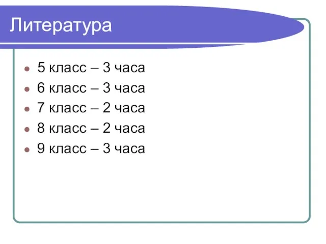 Литература 5 класс – 3 часа 6 класс – 3 часа 7