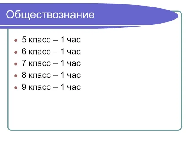 Обществознание 5 класс – 1 час 6 класс – 1 час 7