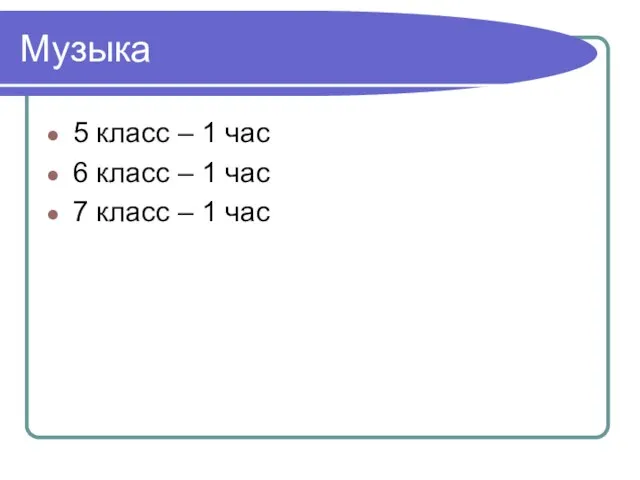 Музыка 5 класс – 1 час 6 класс – 1 час 7 класс – 1 час