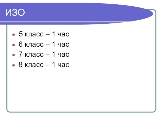 ИЗО 5 класс – 1 час 6 класс – 1 час 7