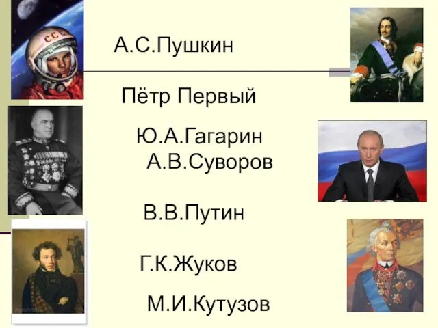 А.С.Пушкин Пётр Первый Ю.А.Гагарин А.В.Суворов В.В.Путин Г.К.Жуков М.И.Кутузов