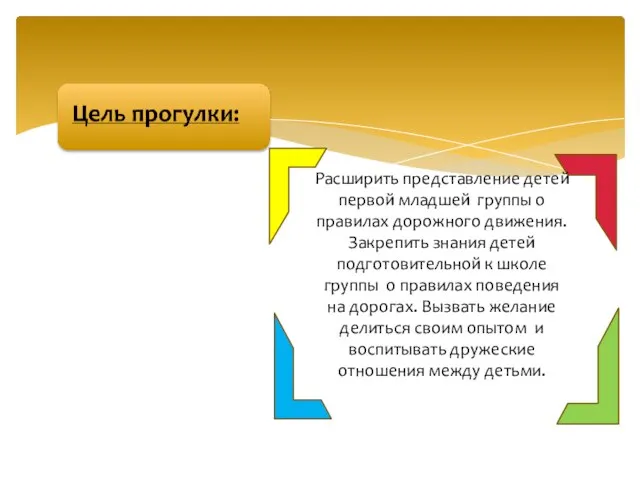 Расширить представление детей первой младшей группы о правилах дорожного движения. Закрепить знания