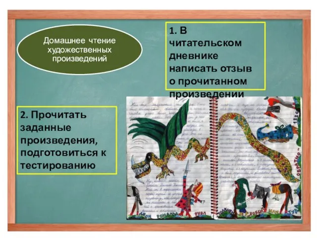 1. В читательском дневнике написать отзыв о прочитанном произведении 2. Прочитать заданные произведения, подготовиться к тестированию