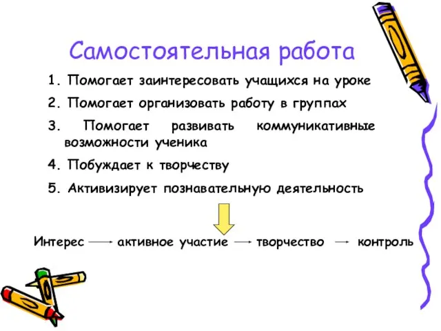 Самостоятельная работа 1. Помогает заинтересовать учащихся на уроке 2. Помогает организовать работу