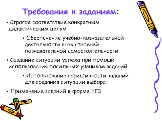 Требования к заданиям: Строгое соответствие конкретным дидактическим целям Обеспечение учебно-познавательной деятельности всех