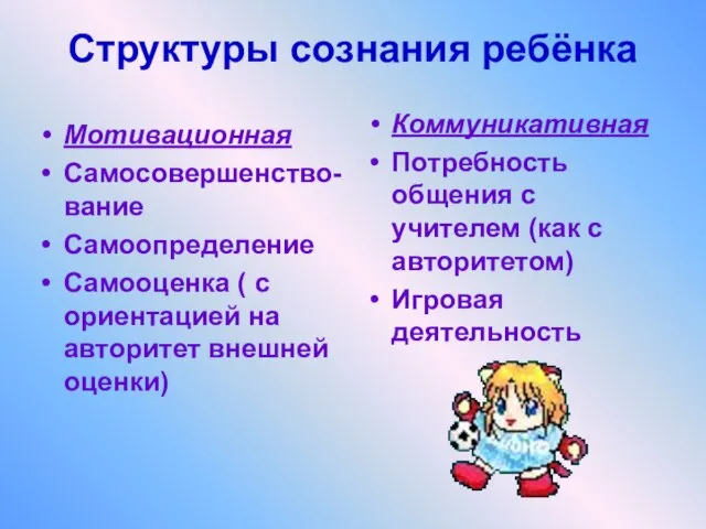 Структуры сознания ребёнка Мотивационная Самосовершенство-вание Самоопределение Самооценка ( с ориентацией на авторитет