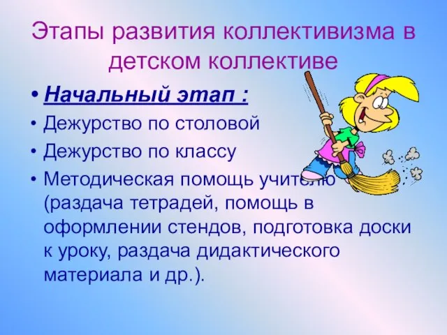 Этапы развития коллективизма в детском коллективе Начальный этап : Дежурство по столовой