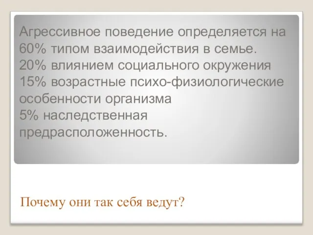 Агрессивное поведение определяется на 60% типом взаимодействия в семье. 20% влиянием социального