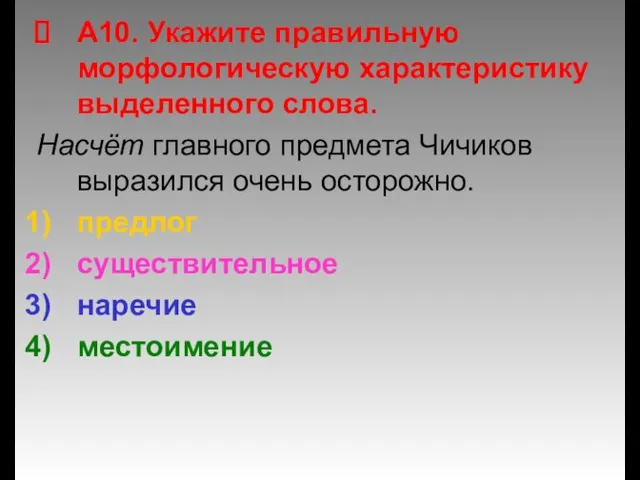 А10. Укажите правильную морфологическую характеристику выделенного слова. Насчёт главного предмета Чичиков выразился